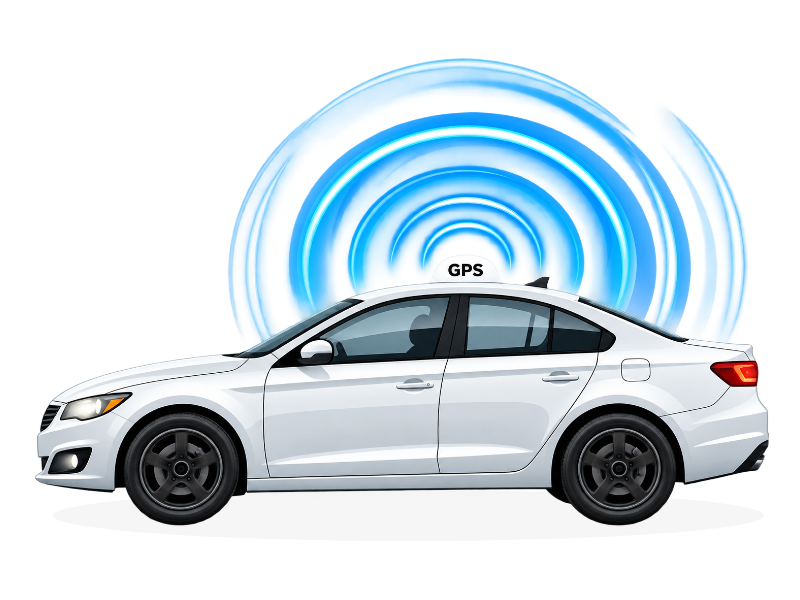 Automóvil con gráficos de radar representando el rastreo GPS de Tabie